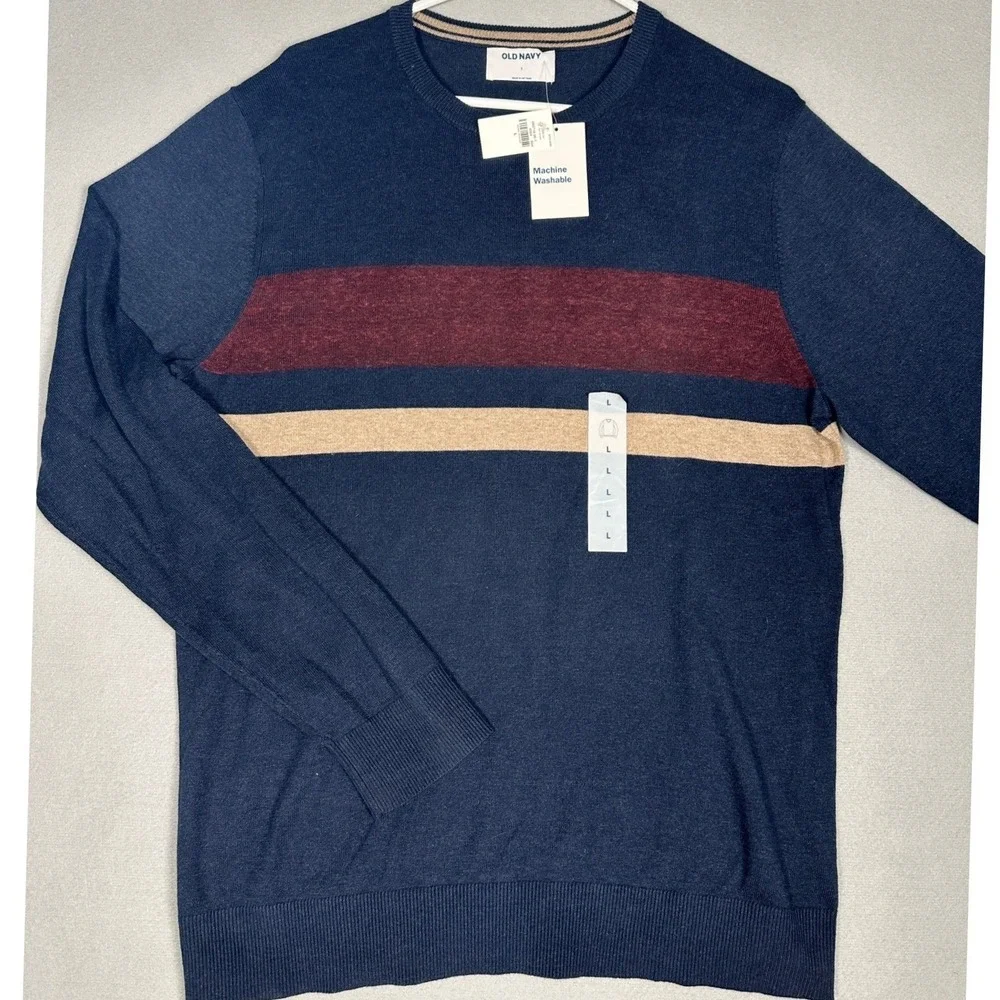 NEW Old Navy Sweater Mens Large Navy Blue Striped Crew Neck Pullover Long Sleeve
